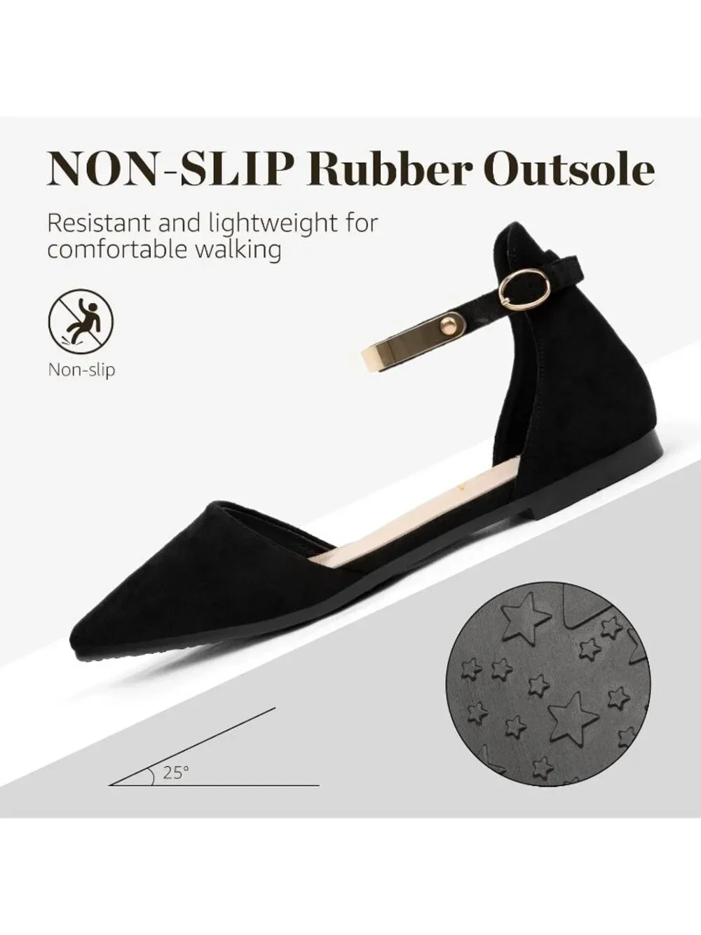 Women's Black Suede Pointed Toe Flats Fancy Gold Ankle Strap Rhinestone Shoes